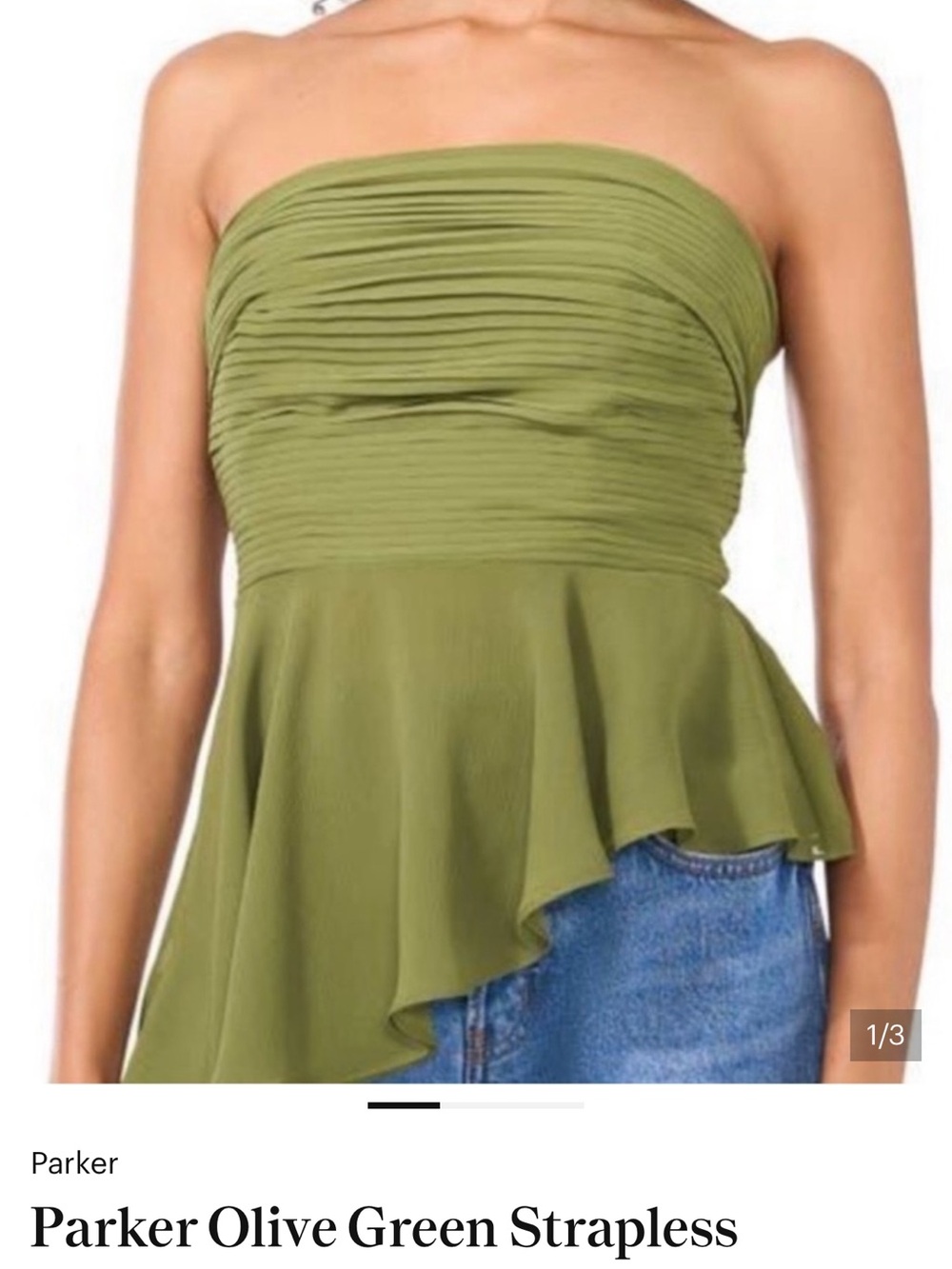 Parker Olive Strapless Ruched Peplum Top
